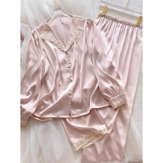 B28 Bộ Ngủ Lụa Dài Tay Tiểu Thư Cúc Ngọc Hồng Cao Cấp Phương Linh Underwear