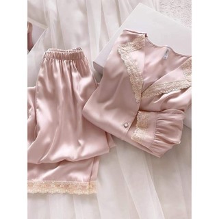 B28 Bộ Ngủ Lụa Dài Tay Tiểu Thư Cúc Ngọc Hồng Cao Cấp Phương Linh Underwear