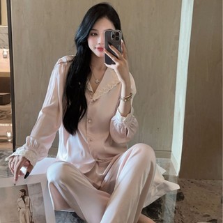 B28 Bộ Ngủ Lụa Dài Tay Tiểu Thư Cúc Ngọc Hồng Cao Cấp Phương Linh Underwear