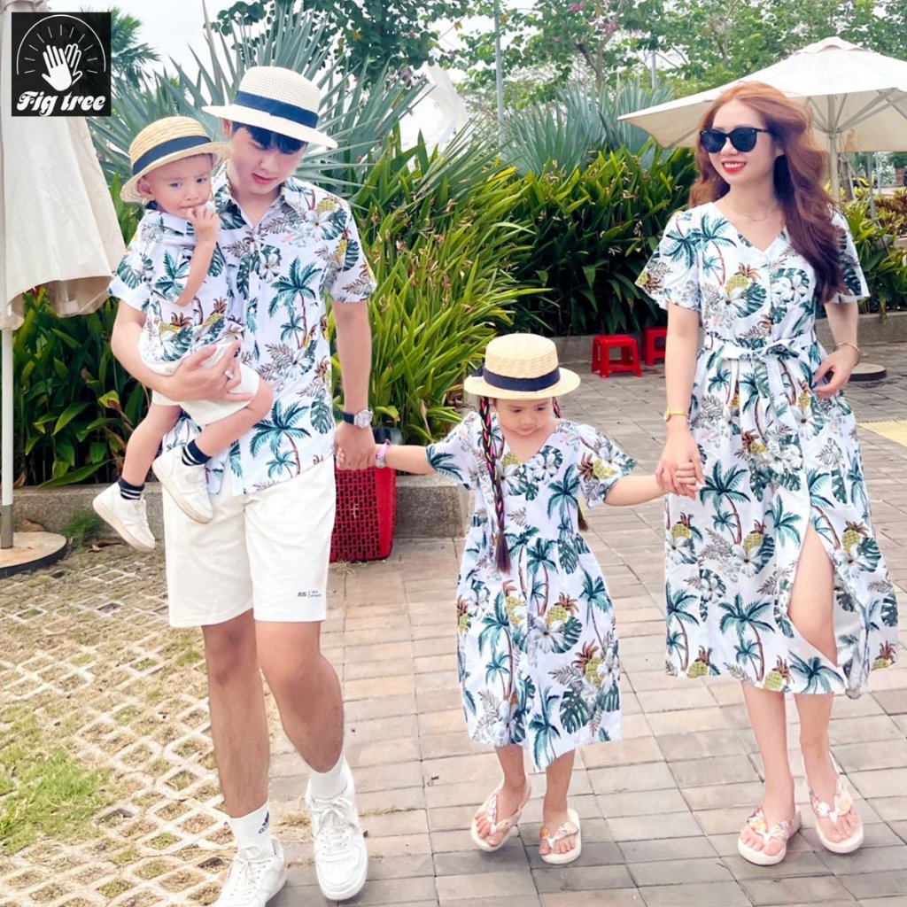 Sơ Mi Váy Gia Đình Fig Tree Họa Tiết Cây Dừa Đi Biển, Du Lịch, Chất Kate Thái, Nhiều Size Mã 181