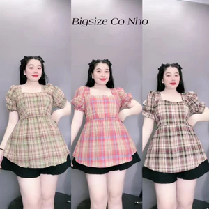Set Đùi Caro Bigsize Nữ Vải Lụa Mềm Mỏng Tay Búp Phối Bèo Cổ Vuông Thanh Lịch Sang Trọng SET67