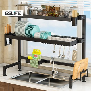 GSlife 55-120cm 1&2 Tầng Kệ Để Bát Đĩa Đa Năng Thông Minh-Giá Để Đồ Chén Trên Bồn Rửa Bát Thép Carbon Sơn Đen Cao Cấp