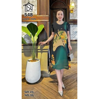Đầm trung niên dự tiệc thiết kế dáng suông che khuyết điểm bụng, voan lụa 2 lớp cao cấp FREESIZE DƯỚI 75KG