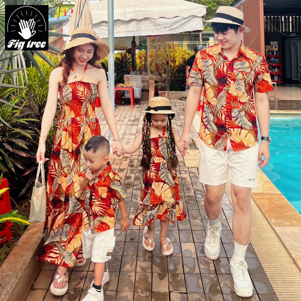 Đồng Phục Gia Đình Fig Tree Họa Tiết Lá Đỏ Du Lịch, Đi Biển, Chụp Hình Cực Xinh (MS 180)