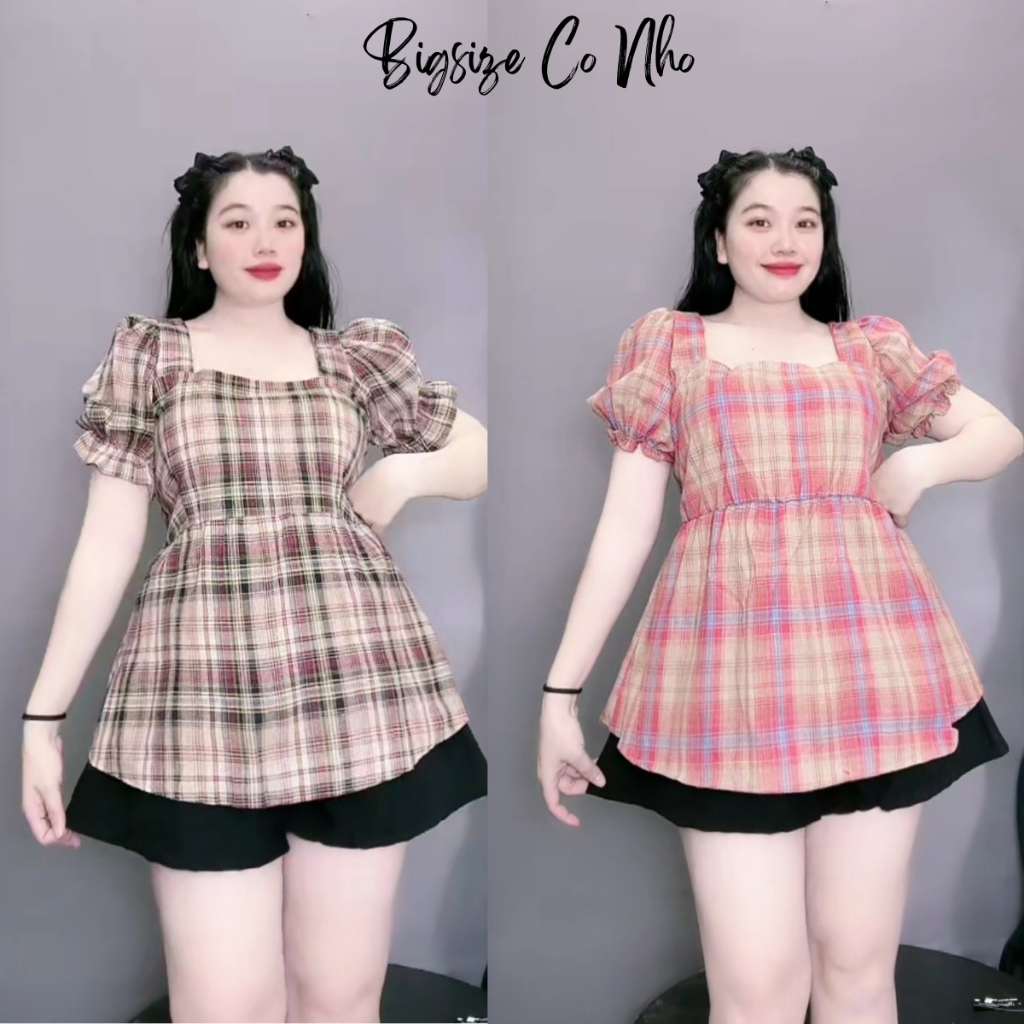 Set đồ bigsize nữ áo babydoll tay bồng chất vải caro sọc kèm quần đùi ...