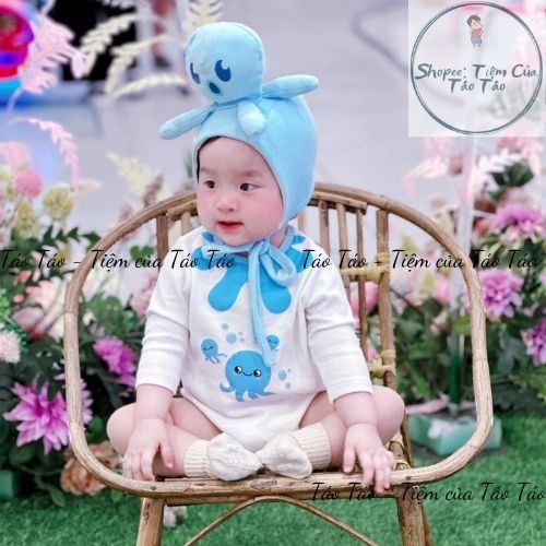 (HÀNG CÓ SẴN )Set bộ bodysuit Bạch Tuộc kèm mũ và tất trắng cho em bé Hàn Quốc 5-13kg dễ thương cute Cho Bé
