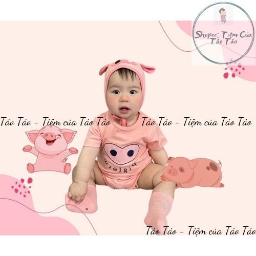 ( HÀNG CÓ SẴN )Set bộ bodysuit cover Heo Hồng kèm mũ TẶNG KÈM TẤT HỒNG cho bé 5-13kg
