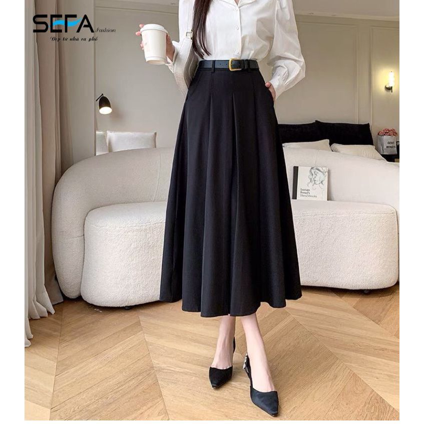 Ảnh Chân váy xoè công sở SEFA dáng A dài midi xếp ly may chiết eo kèm đai chất liệu kate xước cao cấp 3