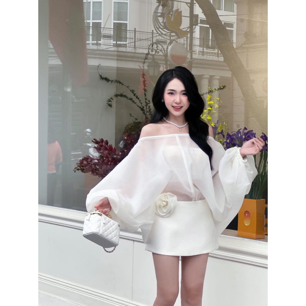 Set Áo Tay Phồng CÁNH DƠI Màu Trắng Kem Kèm Chân Váy Tafta + Bra Trắng Siêu Xinh Có Quần Bảo Hộ