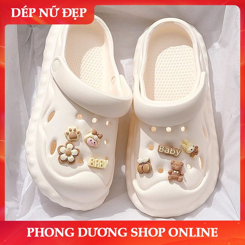 Dép nữ, Dép crocs nữ, Dép bánh mì, Đế EVA cao cấp 3cm, sticker gấu thỏ ...