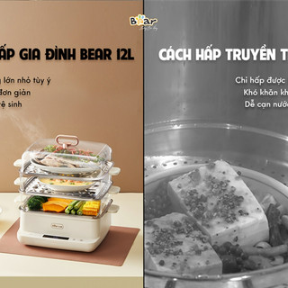 Nồi hấp điện 3 tầng 12L Bear EFS-4H27E (DZG-CA2G2),Hấp bánh bao thủy nhiệt,Có xửng inox, BH 18 Tháng