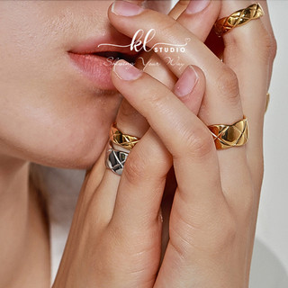 [KL.Studio] Nhẫn Mở Tròn Bản Dày Hoạ Tiết Kim Cương Nhẫn Nam Nữ Lượn Sóng Hình Thoi Nhẫn Unisex Điều Chỉnh Độ Rộng - R12