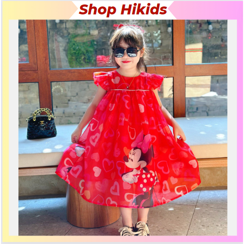 Váy Đầm Tết Cao Cấp Sofia Candy Tơ Nhũ Lót Lụa Cánh Tiên Babydoll Màu Đỏ Chuột Mickey Trái Tim Dáng Xòe Cho Bé Gái