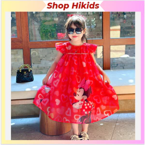 Váy Đầm Tết Cao Cấp Sofia Candy Tơ Nhũ Lót Lụa Cánh Tiên Babydoll Màu Đỏ Chuột Mickey Trái Tim Dáng Xòe Cho Bé Gái