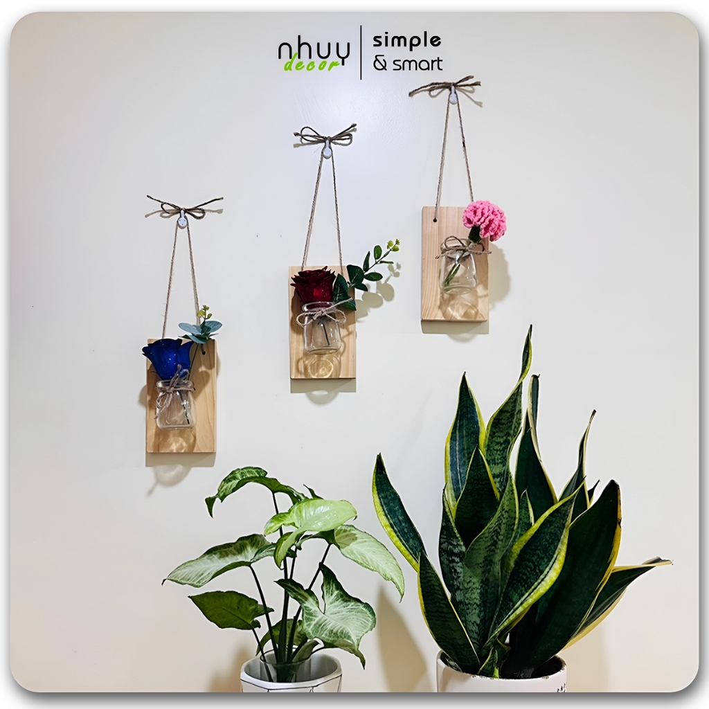 Bảng gỗ treo tường kèm lọ hoa mini,Kệ gỗ kèm bình thuỷ tinh treo tường decor phòng, lọ thuỷ sinh treo ban công NHUYDECOR