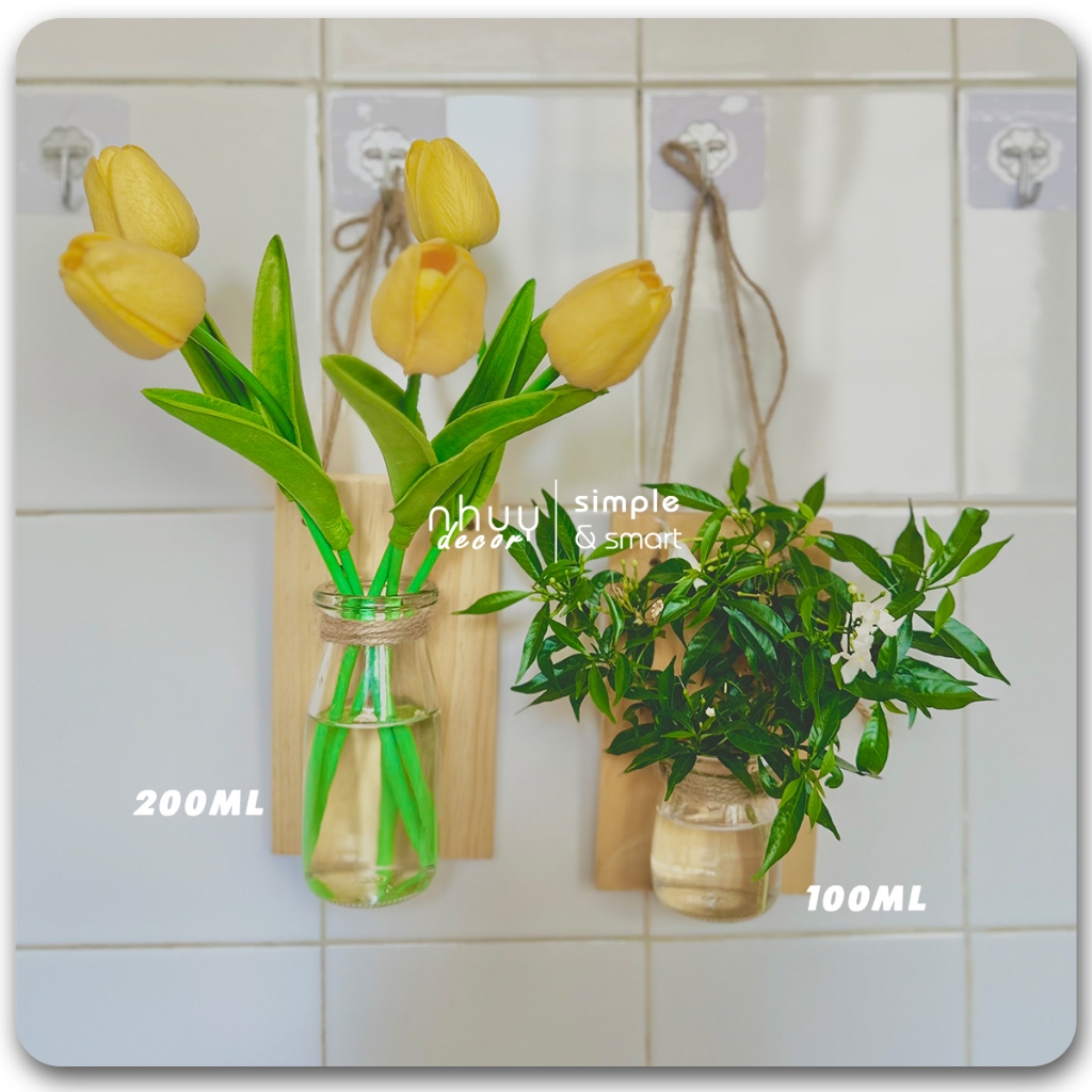 Bảng gỗ treo tường kèm lọ hoa mini,Kệ gỗ kèm bình thuỷ tinh treo tường decor phòng, lọ thuỷ sinh treo ban công NHUYDECOR
