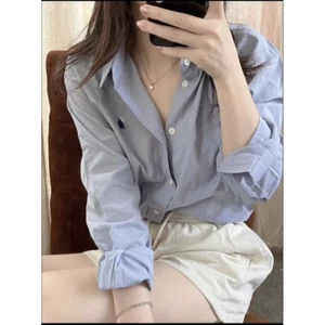 Áo sơmi kẻ tay dài form rộng dài cánh dơi nữ Polo*