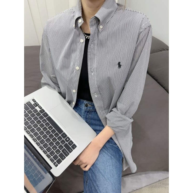 (Sale) Áo sơmi kẻ tay dài form rộng dài cánh dơi nữ Polo*