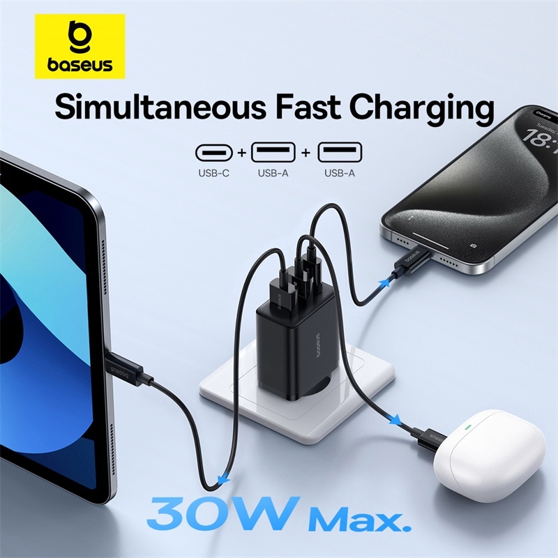 Sạc Nhanh Baseus 30W USB Type C Củ Sạc Điện Thoại PD Cho iP 15 14 13 12 Pro Max QC3.0 Dành Cho Samsung Xiaomi