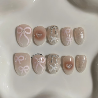 [ Coquette ] Nail box móng giả hoạ tiết nơ hồng pastel form ngắn được đổi form