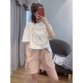Đồ bộ mặc nhà,Sét Bộ Nữ Áo thun ngắn tay, quần Đùi Caro in hình - Đồ bộ Chất cotton nữ siêu xinh,
