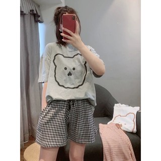 Đồ bộ mặc nhà,Sét Bộ Nữ Áo thun ngắn tay, quần Đùi Caro in hình - Đồ bộ Chất cotton nữ siêu xinh,