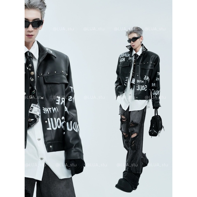 LUAstu Áo khoác da phun chữ UNISEX phong cách HIPHOP Quần jean nam rách ...