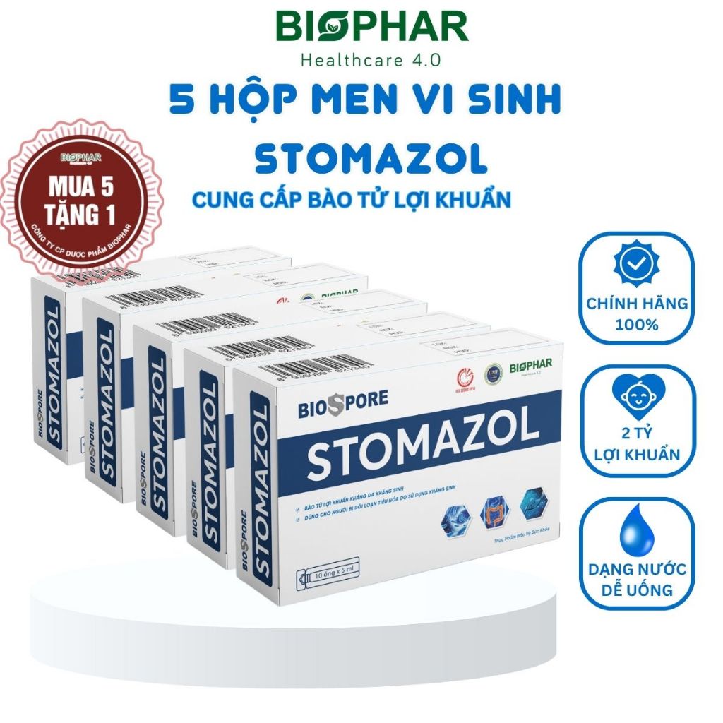 [5 Hộp Tặng 1] Men vi sinh Biophar Stomazol cho người rối loạn tiêu hóa, táo bón, tiêu chảy chứa 2 tỷ bào tử lợi khuẩn