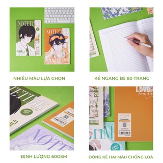 Vở Kẻ Ngang Vở B5 80/120/200 Trang, Bìa Chống Nước, Dòng Kẻ 2 Màu Chống Lóa, Vở Viết Note Time 60/70gsm, Tập Classmate
