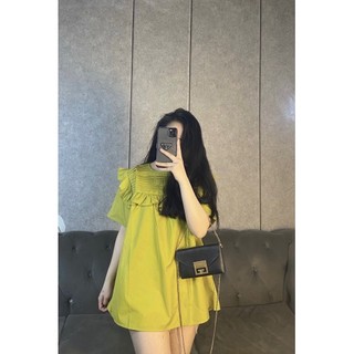 Áo bầu xinh, áo sơ mi bầu công sở bèo vai xếp li mềm thanh lịch tay cộc (Babydoll Bèo)
