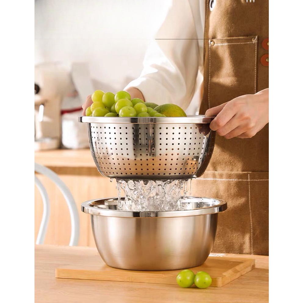 Bộ Thau Rỗ Inox Chubby Chef Size lớn 24,26,28cm Trộn Bột, Rửa Rau Củ ...
