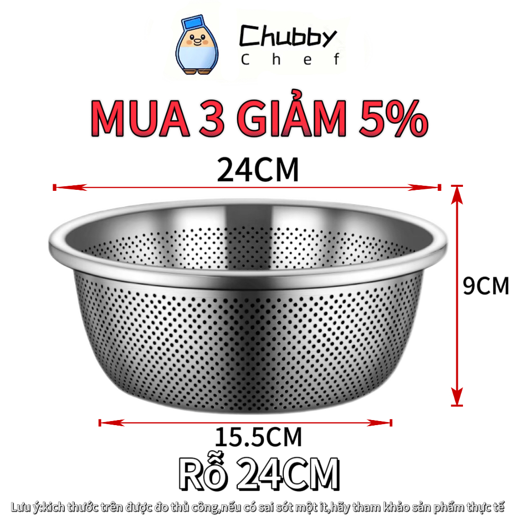 Bộ Thau Rỗ Inox Chubby Chef Size lớn 24,26,28cm Trộn Bột, Rửa Rau Củ ...