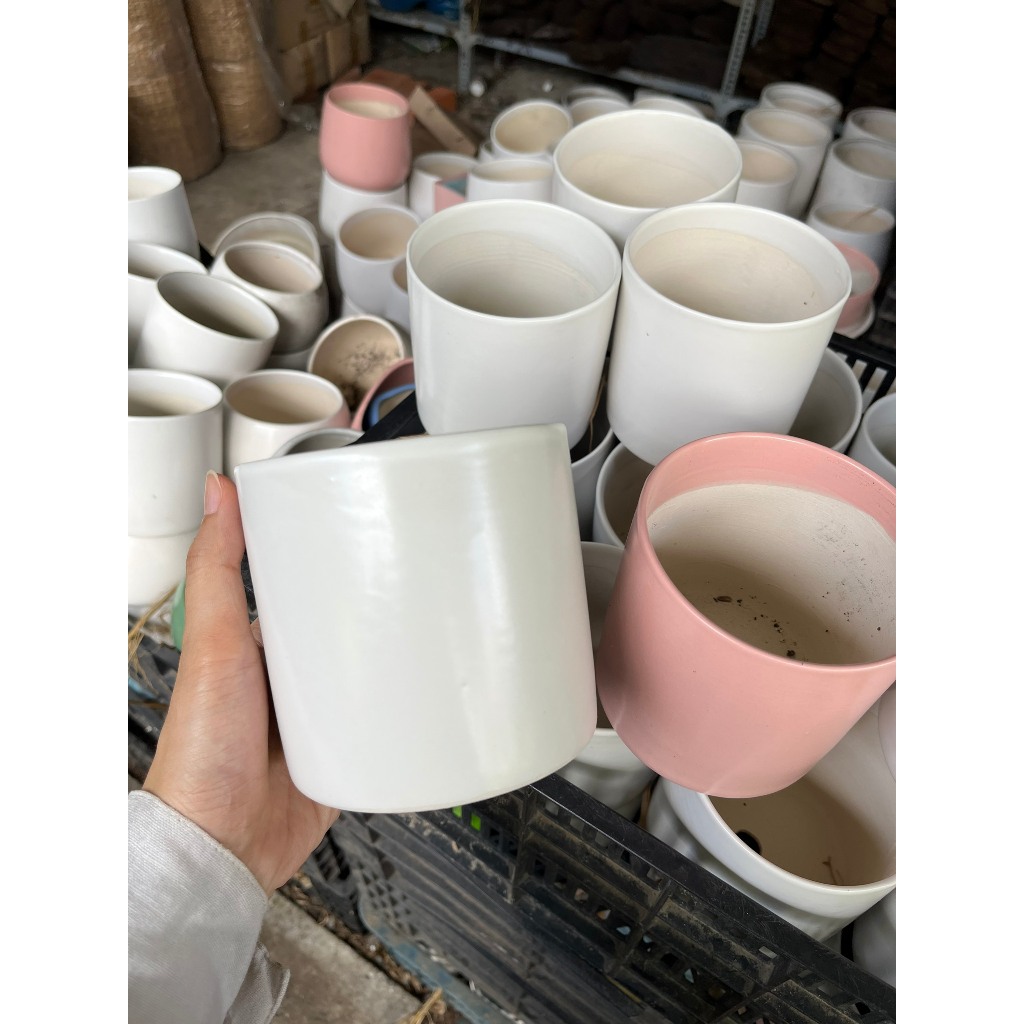 Chậu trồng cây men sứ cao cấp trắng và hồng 14x15cm- Chậu trông cây để bàn trang trí văn phòng, nhà ở