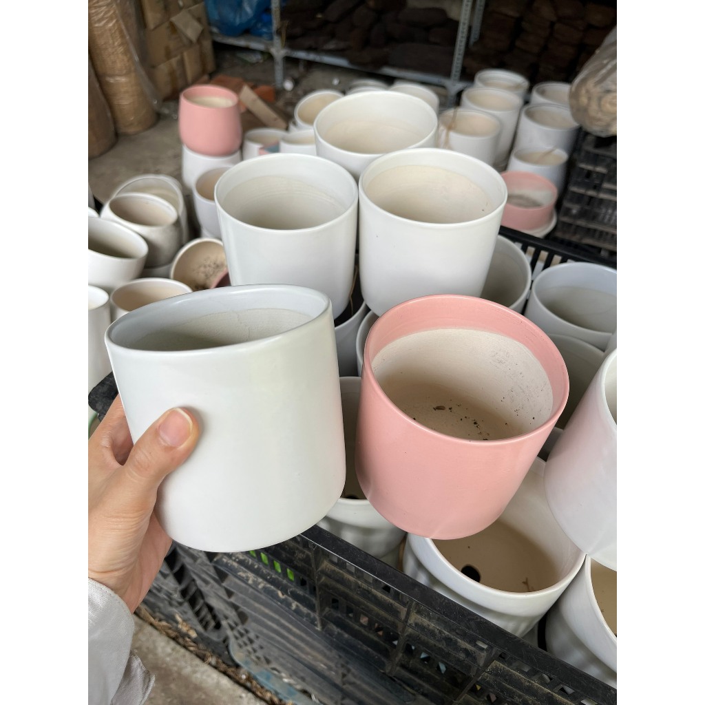 Chậu trồng cây men sứ cao cấp trắng và hồng 14x15cm- Chậu trông cây để bàn trang trí văn phòng, nhà ở