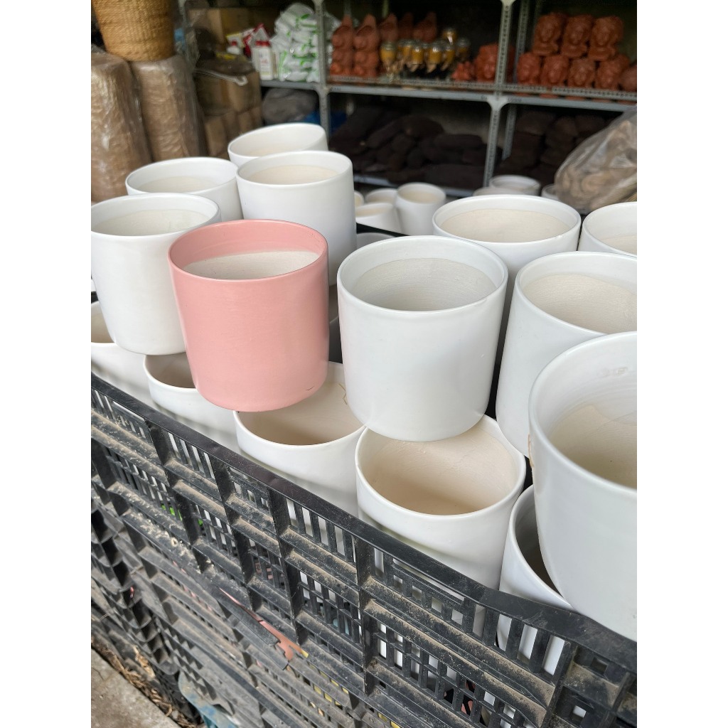 Chậu trồng cây men sứ cao cấp trắng và hồng 14x15cm- Chậu trông cây để bàn trang trí văn phòng, nhà ở