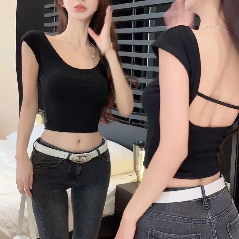 Áo cộc thun hottrend mùa hè 2024 thiết kế cổ vuông ôm dáng hở lưng gợi cảm có mút ngực MT33 SP143
