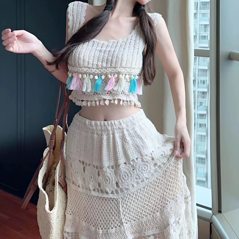 Set ren sợi đi biển nàng thơ 2 món áo croptop kèm chân váy dài A