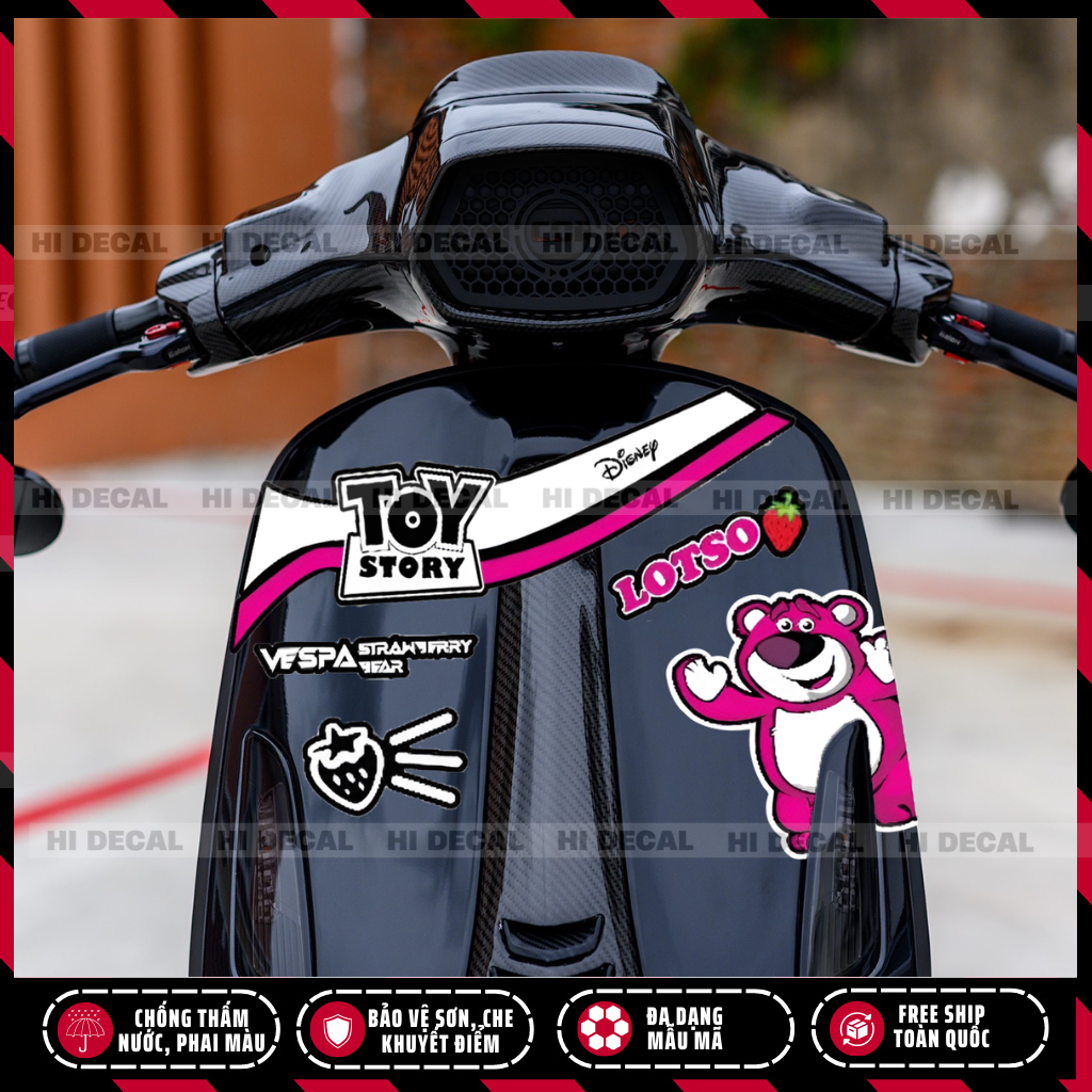 Tem Gấu Dâu Losto Xe Vespa, Lead, Xe điện| TMN-H005 | Decal xe vespa tem gấu cao cấp chống nước, chống phai màu