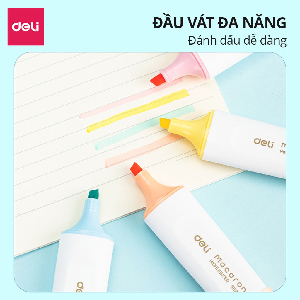 Ảnh Bút highlight đánh dầu màu macaron Deli - Bút dạ quang đánh dấu nhớ dòng pastel mực đều nhanh khô cho văn phòng học sinh 2
