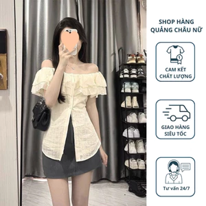 Áo sơ mi kiểu , Áo sơ mi trễ vai tay Dài nữ bánh bèo hàng thiết màu kem màu trắng kế chất gân trẻ trung