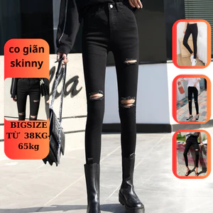 Quần Jean Nữ Rách Gối Đen Tuyền, Quần Bò Đen rách 2 khuy dáng skinny lưng cao co giãn
