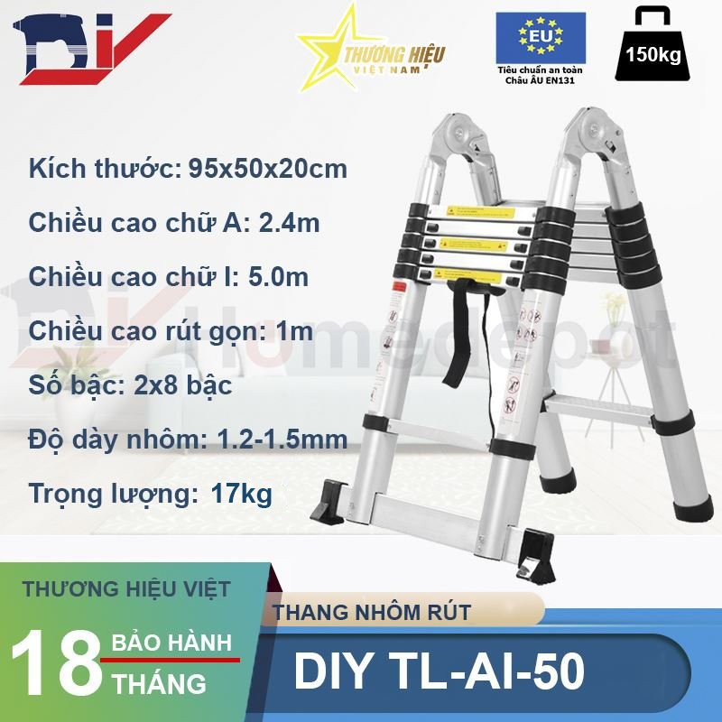 Thang nhôm rút đôi nhập khẩu DIY TL-AI-50 chiều cao tối da chữ A  2.4m, chữ I 5.0m, tải trọng 150kg