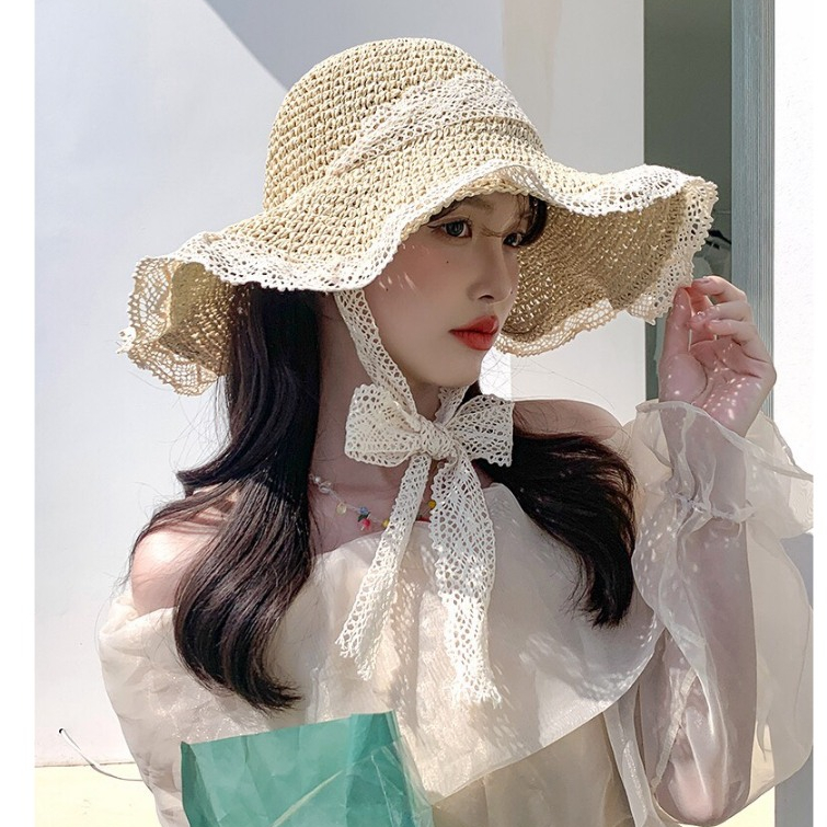 Mũ cói rộng vành form mềm viền ren vintage TUMIE, Nón cói đi biển nơ ...