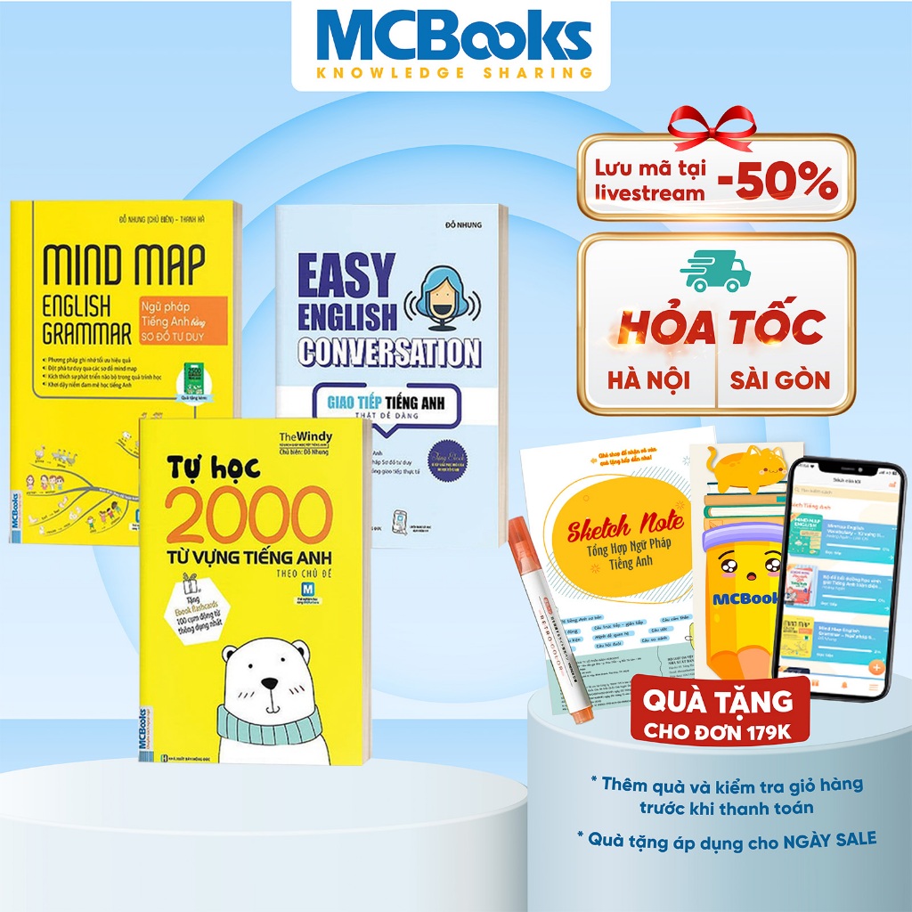 Sách - Combo Mindmap English Grammar, Easy English Conversation Tặng Tự Học 2000 Từ Vựng Tiếng Anh Cơ Bản -Kèm Khóa Học