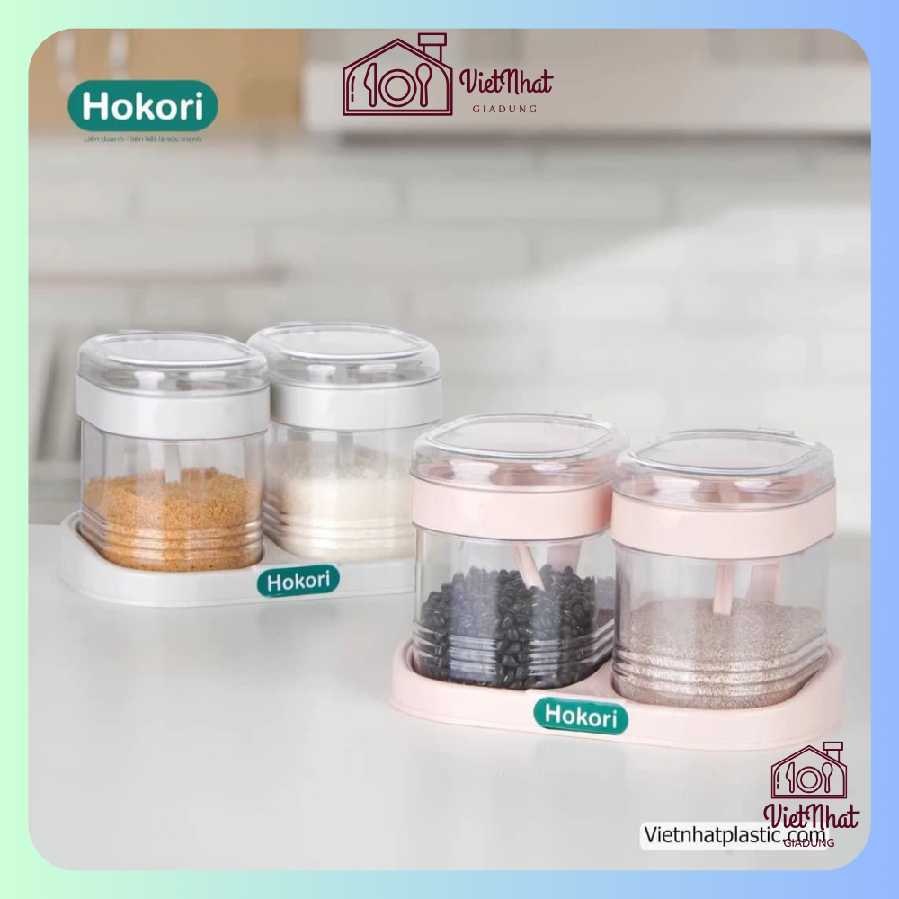 Bộ 2 Hũ Đựng Gia Vị HOKORI Nhựa Việt Nhật Cao Cấp, Hũ Đựng Gia Vị Đẹp Có Kèm Thìa Tiện Lợi 2935
