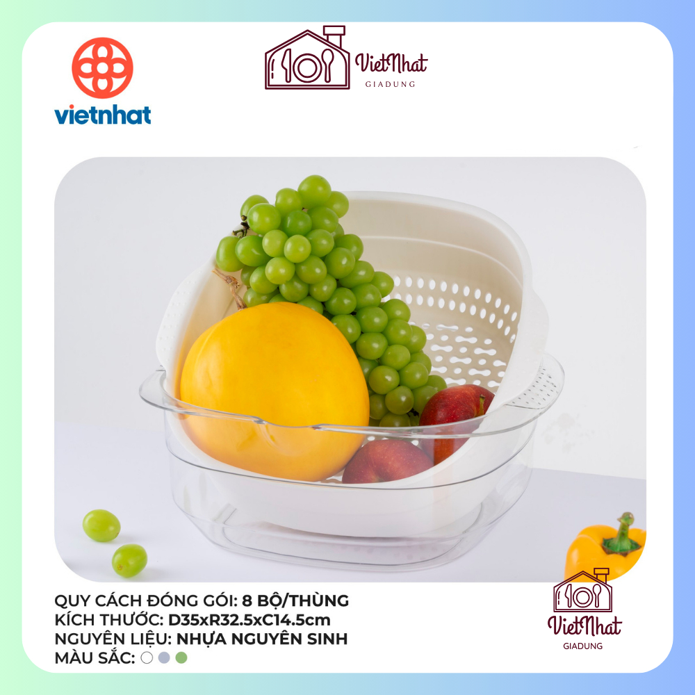 Bộ rổ kèm chậu Nhật vuông Hokori, Bộ rổ 2 món trong suốt Hokori, Rổ Giá rửa rau củ hoa quả nhà bếp Việt nhật cao cấp