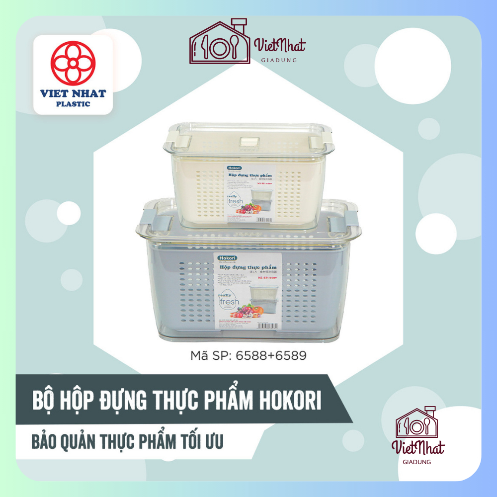 Hộp đựng thực phẩm 2 lớp Hokori, Hộp bảo quản thức ăn có lỗ thoát nước Việt Nhật  6588-6589