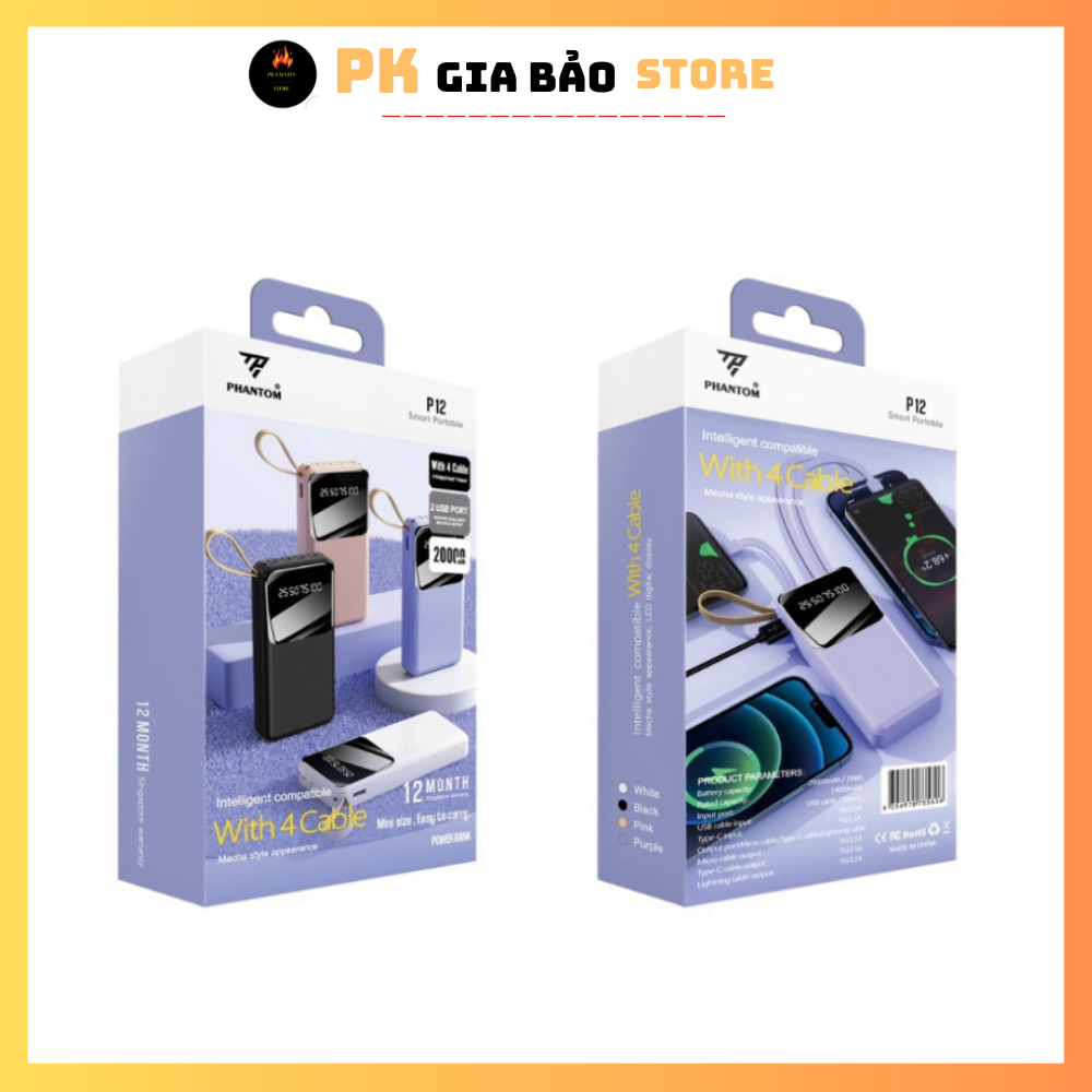 Pin dự phòng mini PHANTOM P12 nhỏ gọn 20000mAh tích hợp 4 cáp sạc - có ...