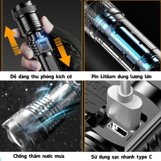 Đèn pin mini siêu sáng XHP50 cầm tay cao cấp pin trâu 26650, đèn pin chiếu xa chống nước bảo hành 6 tháng