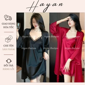 HT473 Set váy ngủ và áo choàng sexy phối ren dáng suông, đồ ngủ lụa gợi cảm tôn dáng HT473 (138+202)